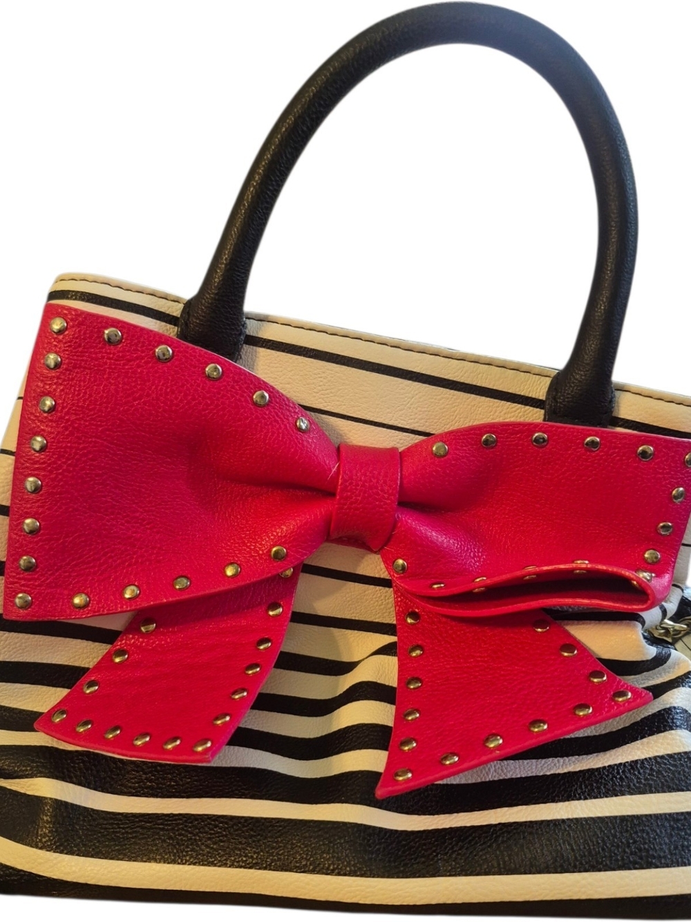 Betsey Johnson Striped Handbag with Pink Bow Studded Accent